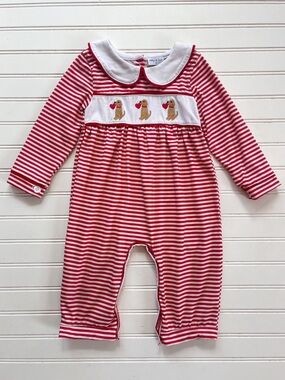 ABBIE & EVIE EUC Girls Red Striped Dog Valentine Peter Pan Collar Romper